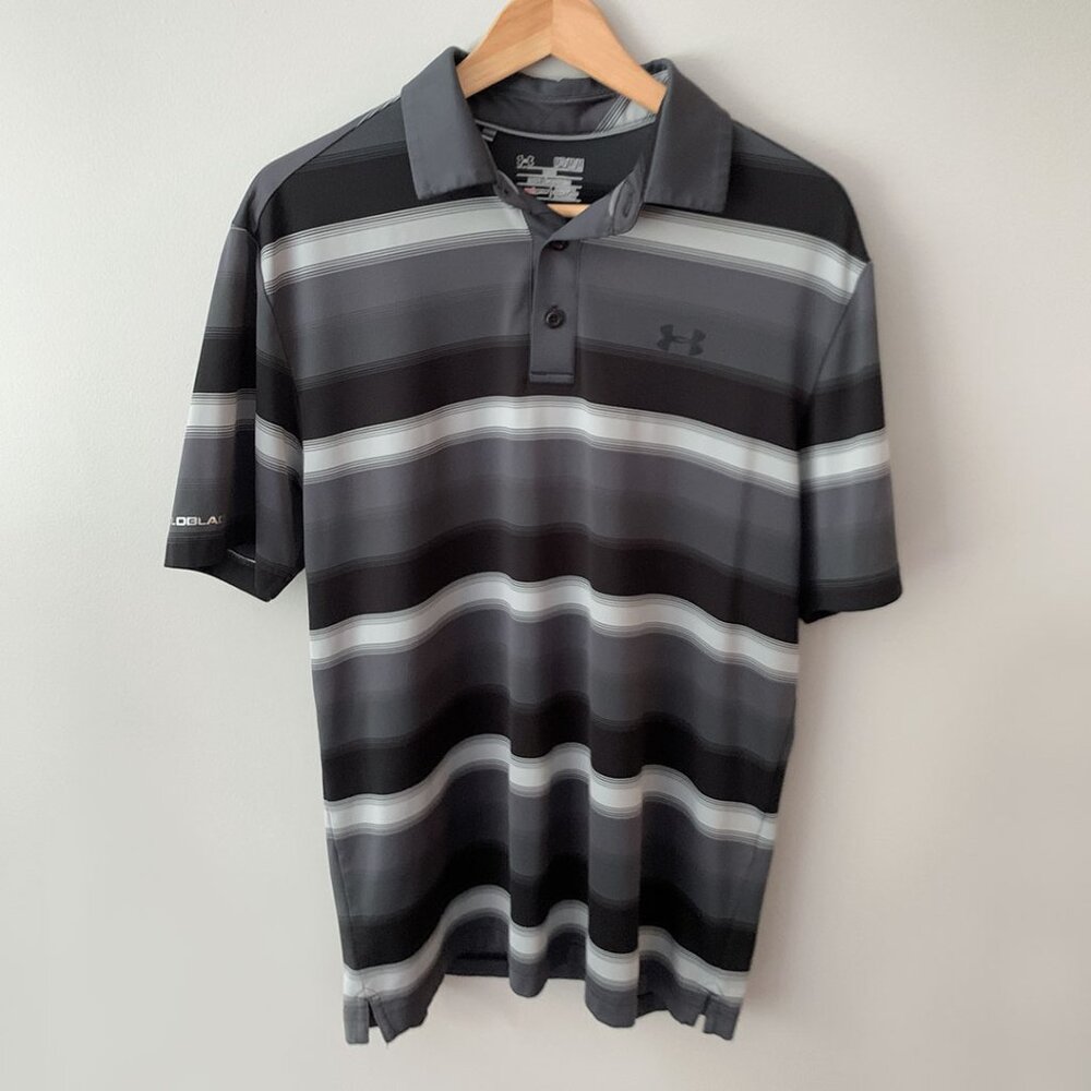 Under Armour Men's Performance Polo Shirt Heat Gear Black Gray Striped